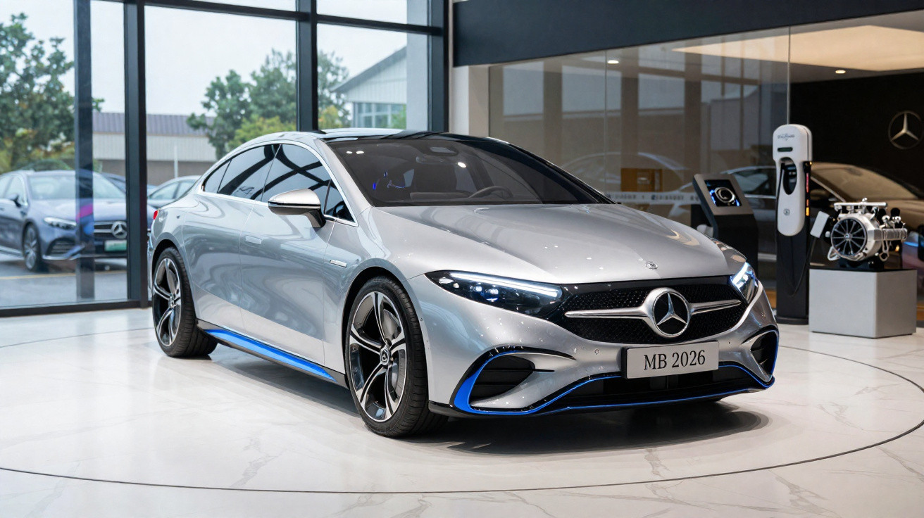 Carro elétrico Mercedes-Benz prata exposto em showroom moderno com estação de carregamento ao lado.