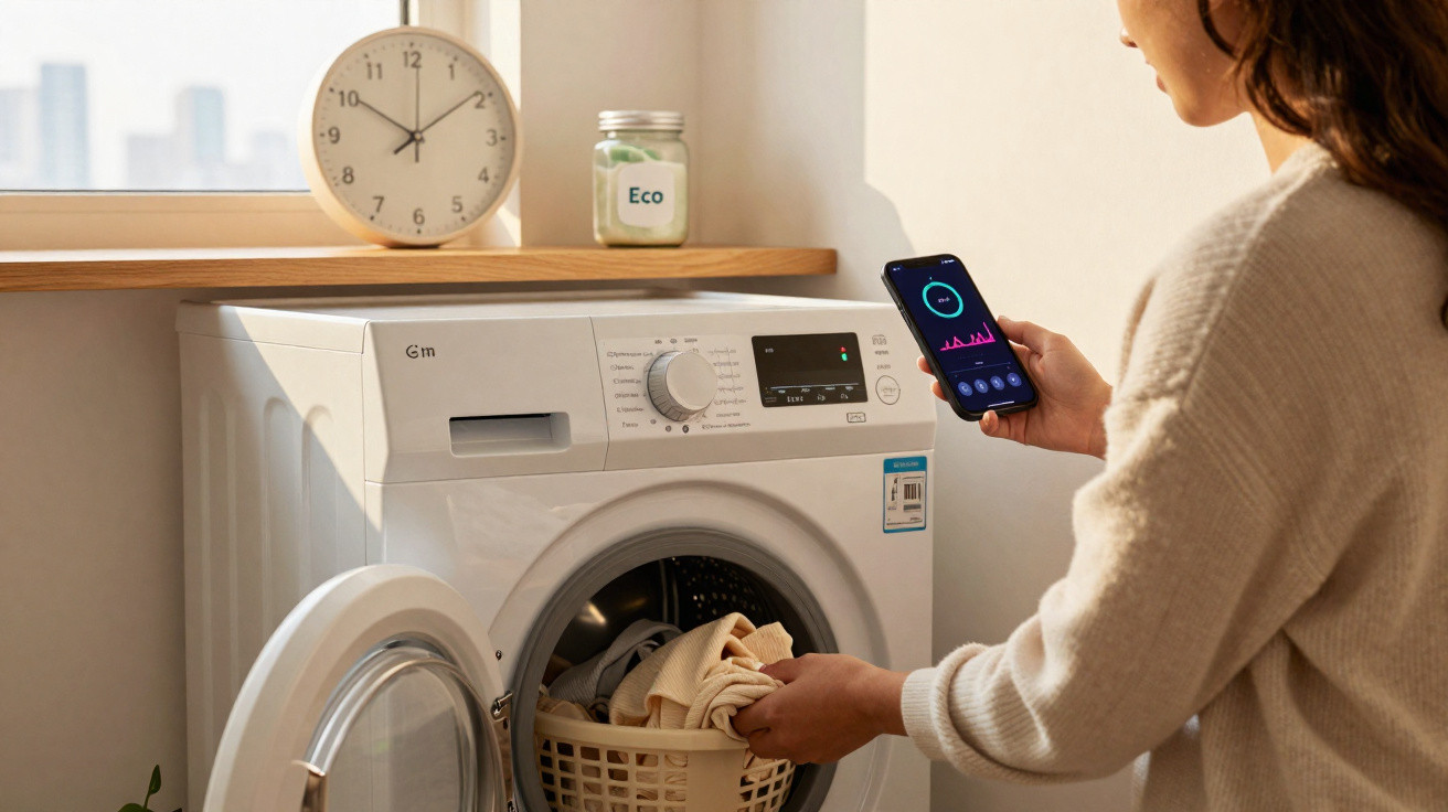 Pessoa a colocar roupa na máquina de lavar e a controlar ciclo através do telemóvel num ambiente luminoso.