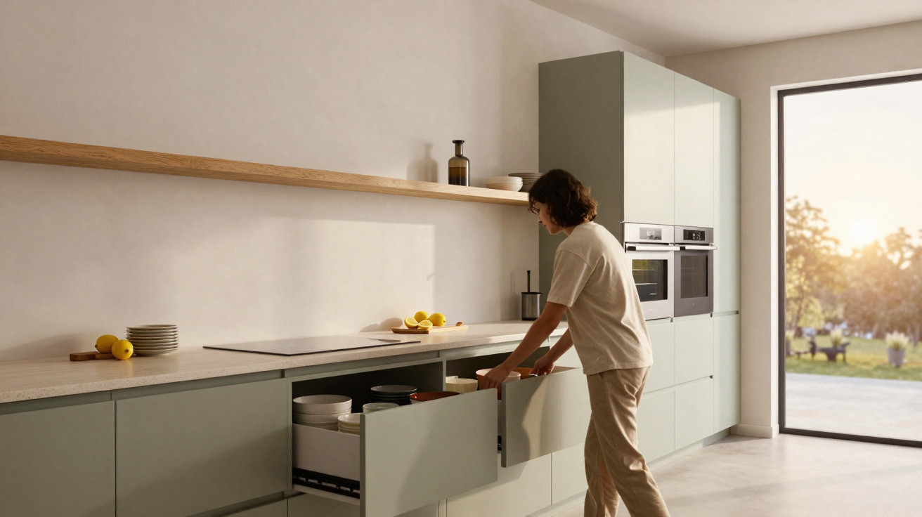 Pessoa a abrir gaveta numa cozinha moderna com luz natural e decoração minimalista.