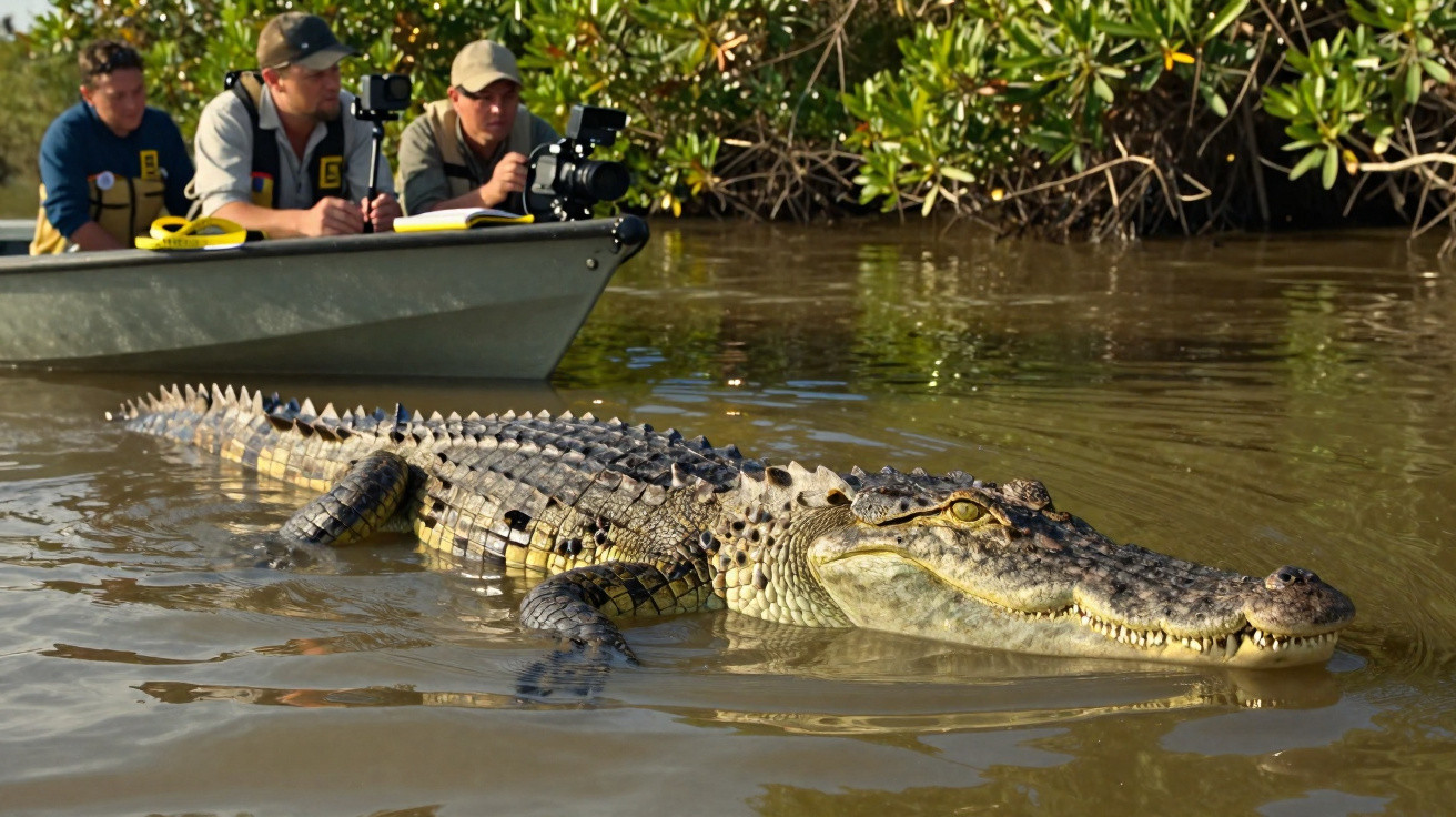 Crocodilo nadando próximo a barco com três pessoas a filmar numa zona de água parada e vegetação.