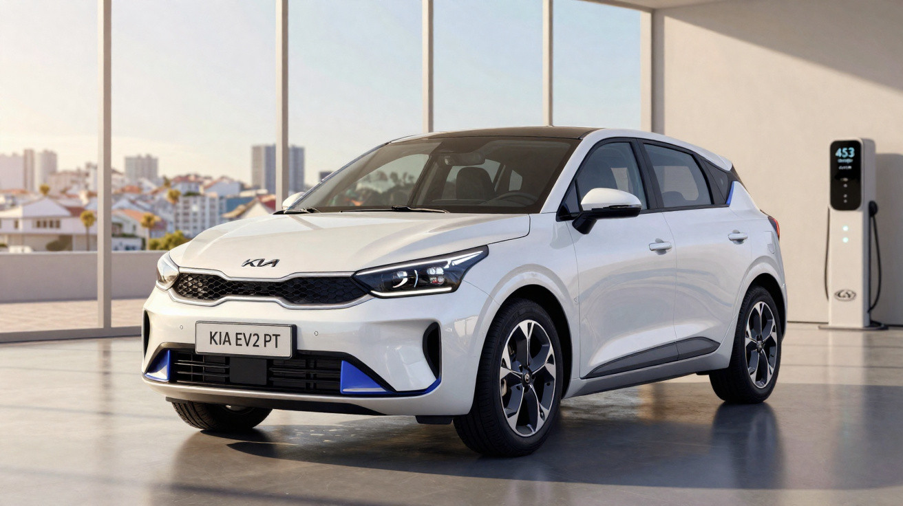 Automóvel elétrico branco Kia EV2 PT estacionado em espaço interior com carregador visível.