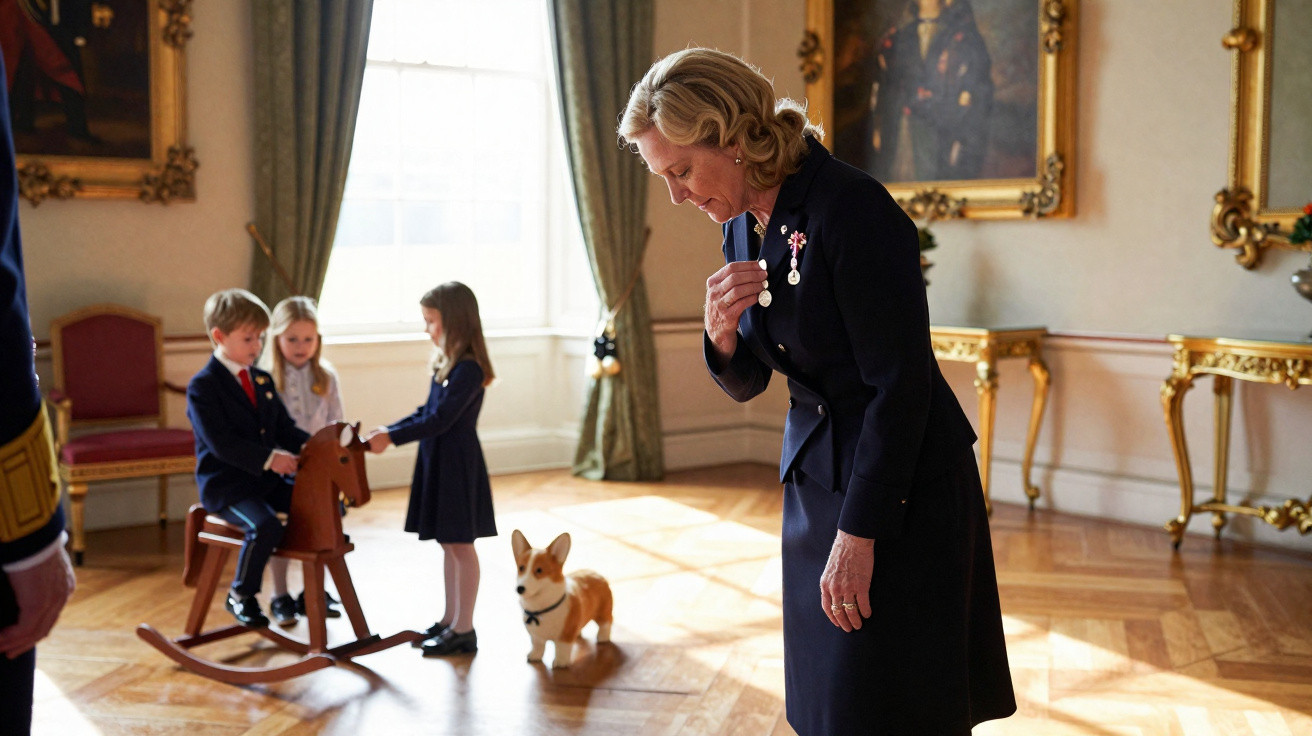 Mulher idosa em traje formal interage com três crianças e um cão numa sala elegante com chão de madeira.