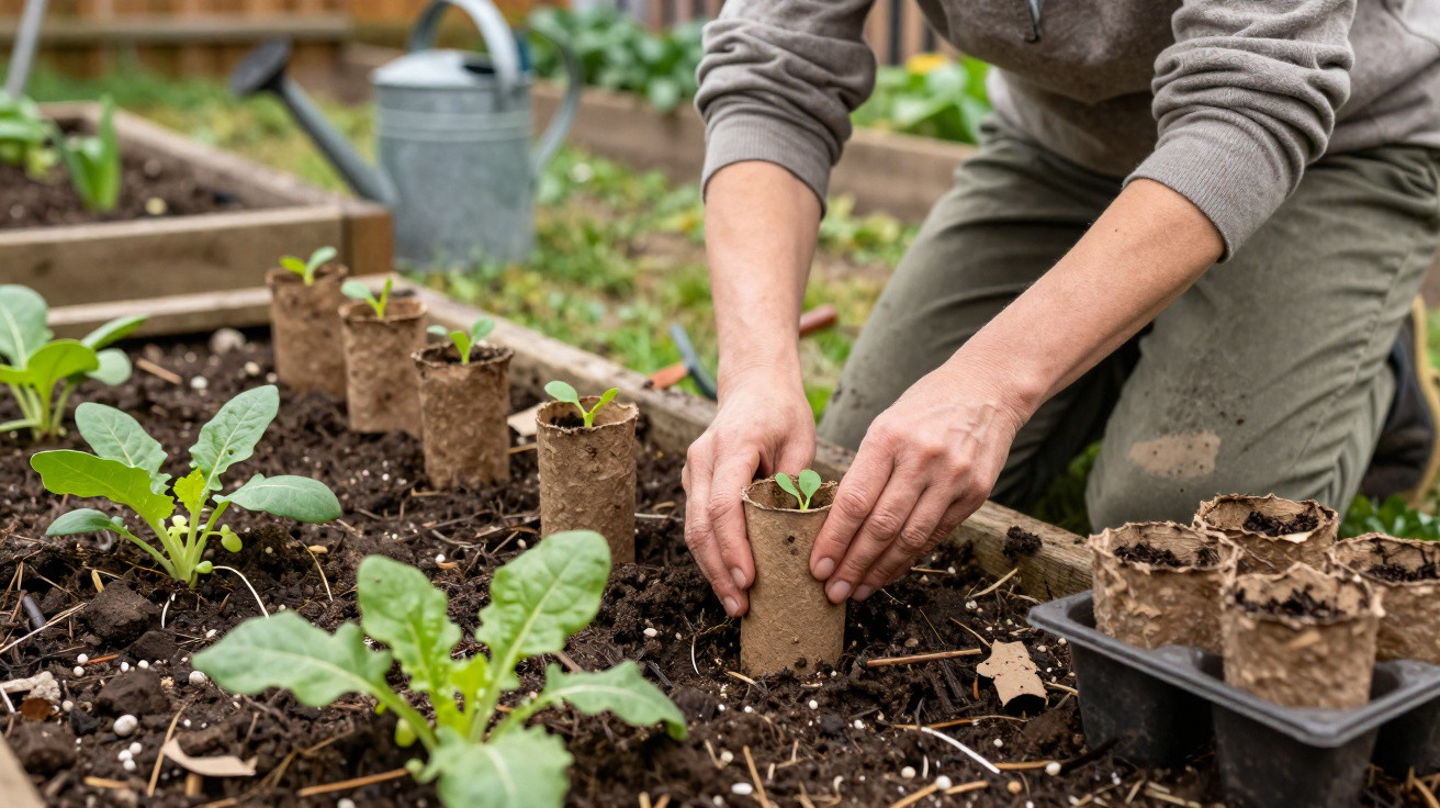 Pessoa a transplantar mudas para vasos biodegradáveis numa horta com terra e plantas verdes.