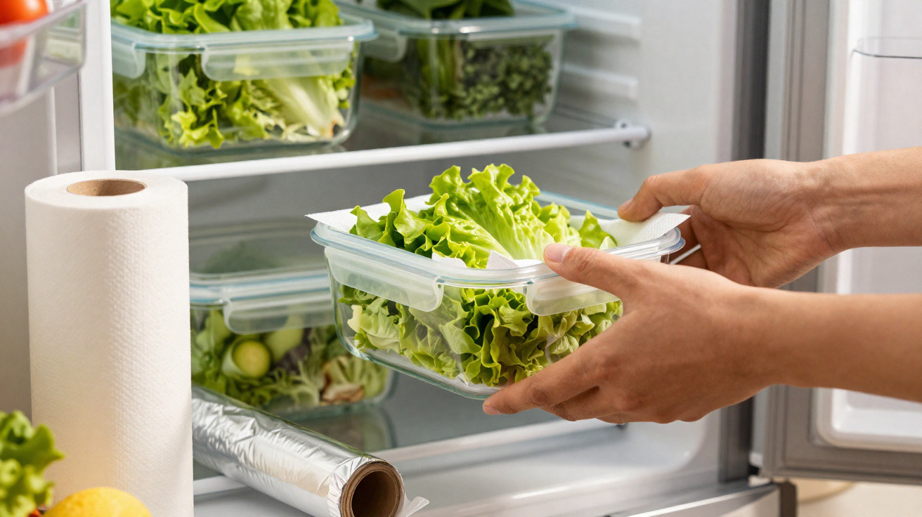 Mãos a colocar recipiente com alface fresca no frigorífico organizado com mais recipientes de vegetais.