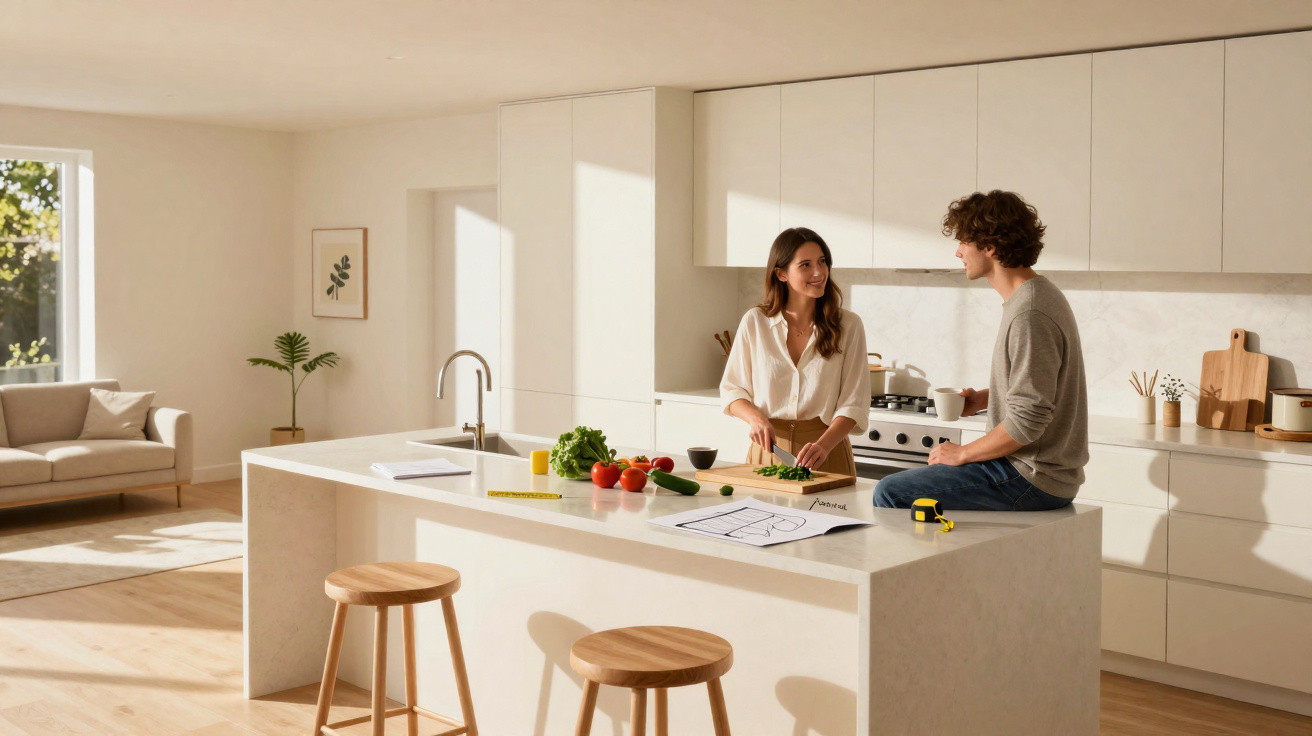 Casal a conversar numa cozinha moderna e luminosa, com legumes e plantas na bancada branca.