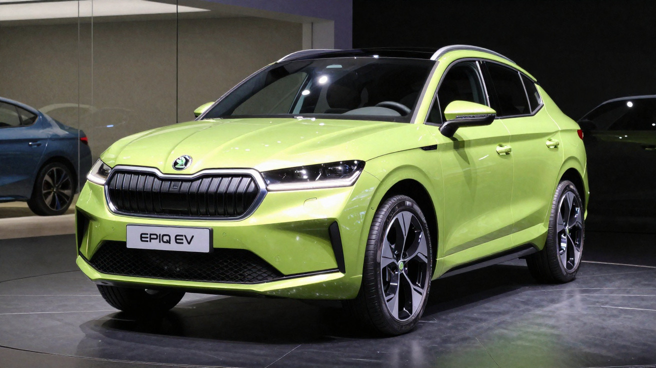 Carro elétrico Škoda Epiq EV verde exposto em interior com design moderno e faróis LED.