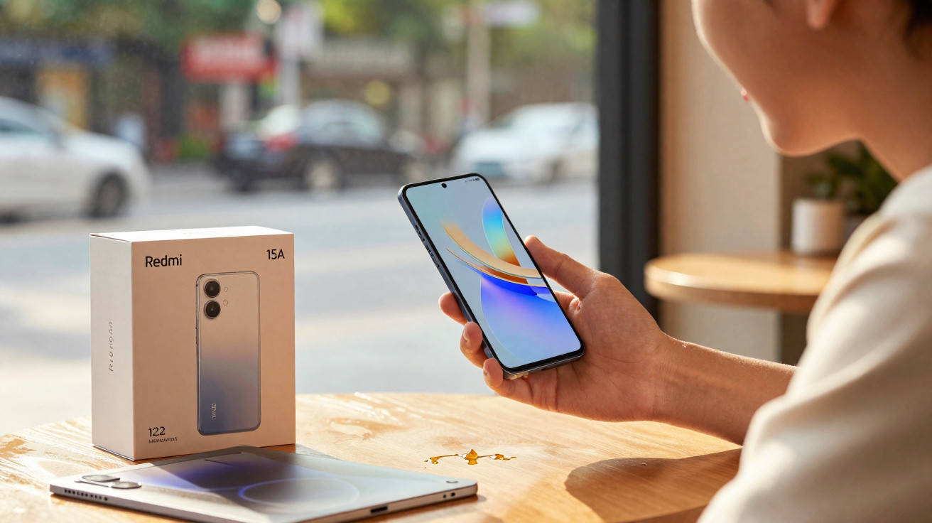 Pessoa a segurar um smartphone Redmi 15A junto a uma caixa do telemóvel e um portátil numa mesa de madeira.