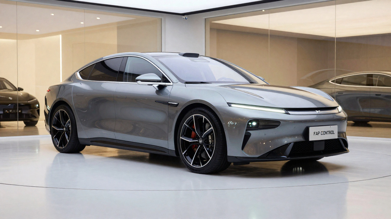 Carro elétrico cinza prateado com design moderno e aerodinâmico exibido em showroom espaçoso.