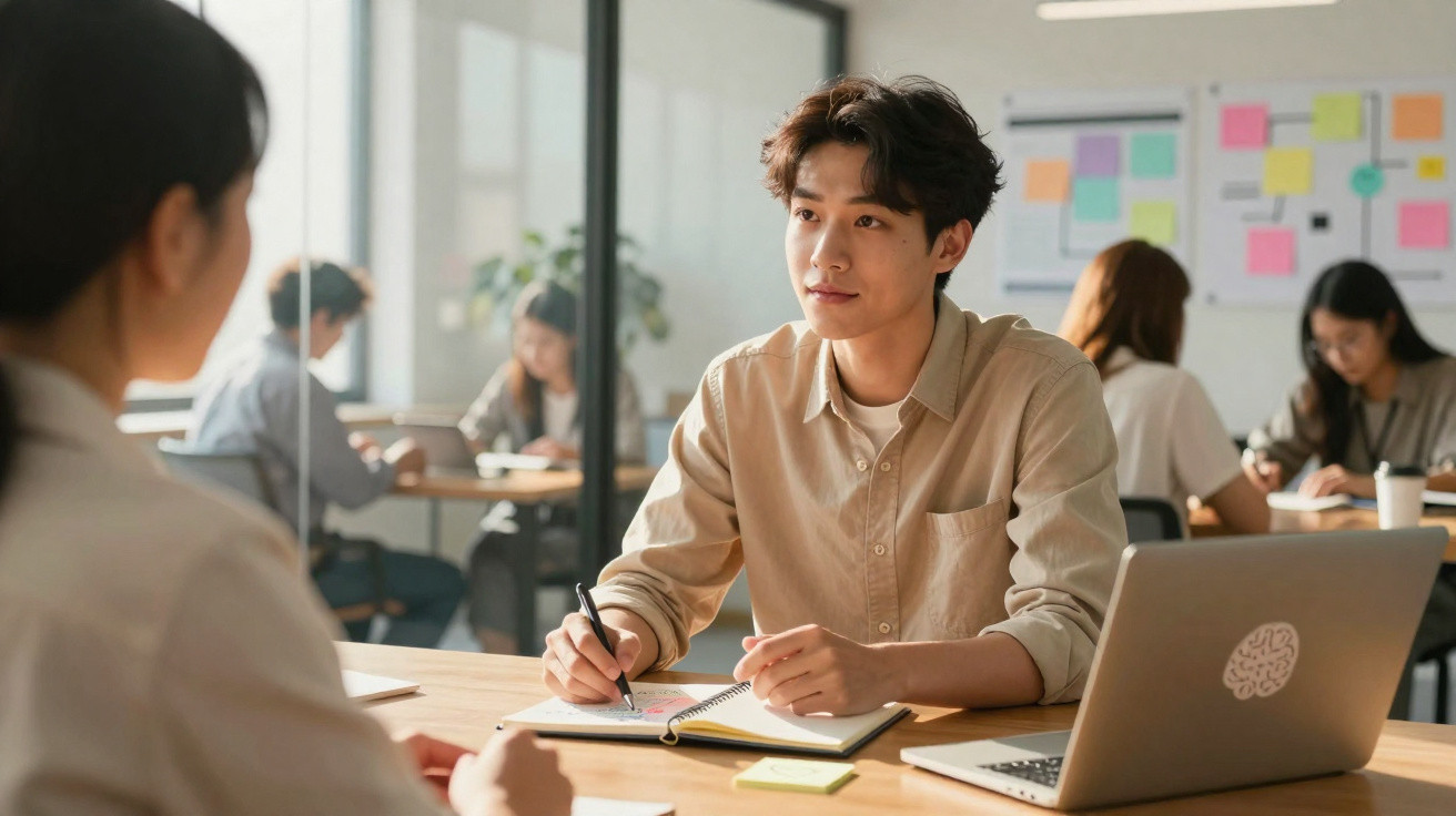 Jovem sentado à mesa a tomar notas e a conversar com outra pessoa num ambiente de trabalho colaborativo.