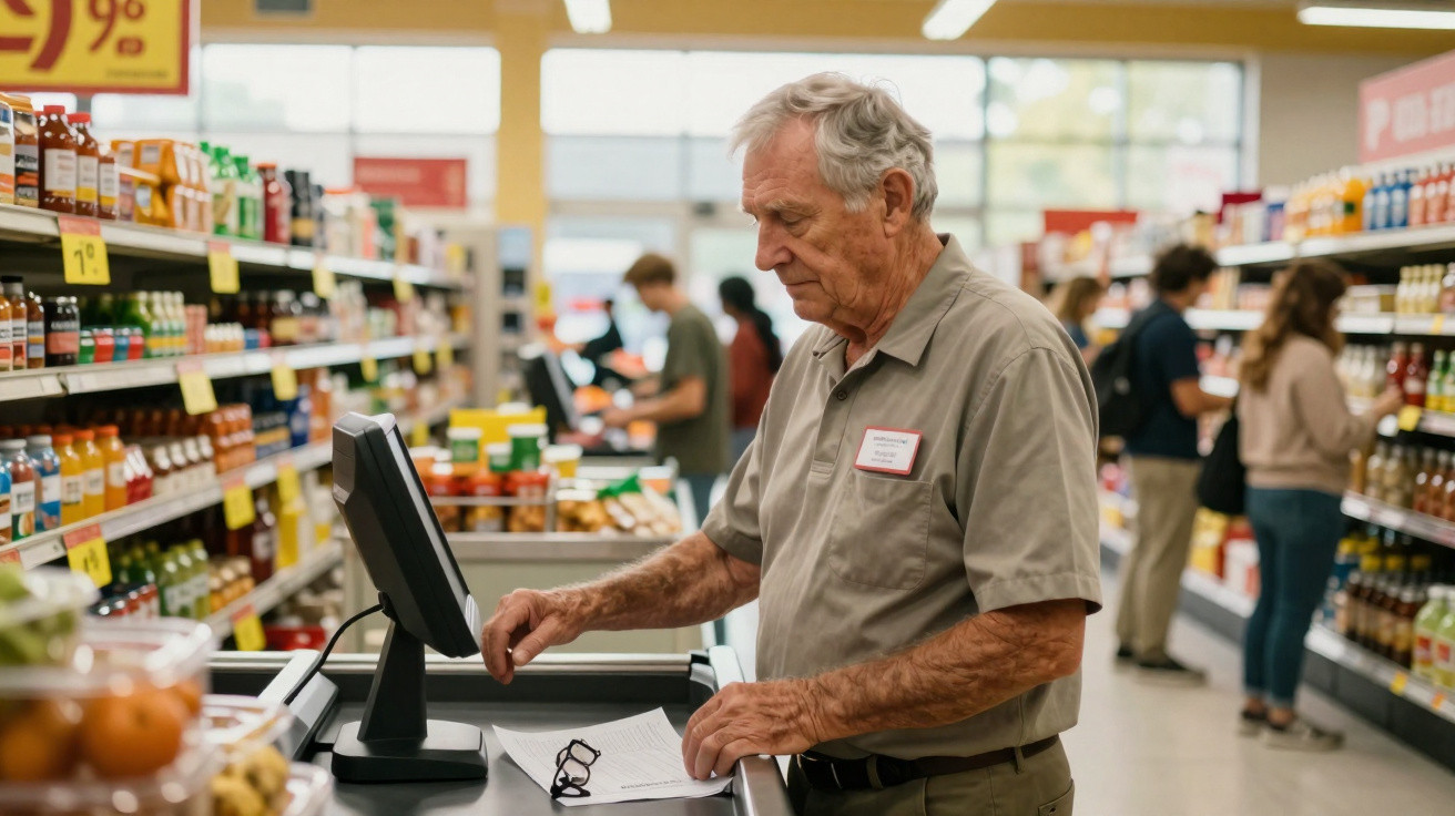 Homem idoso a trabalhar numa caixa de supermercado, com prateleiras de produtos ao fundo e clientes a fazer compras.