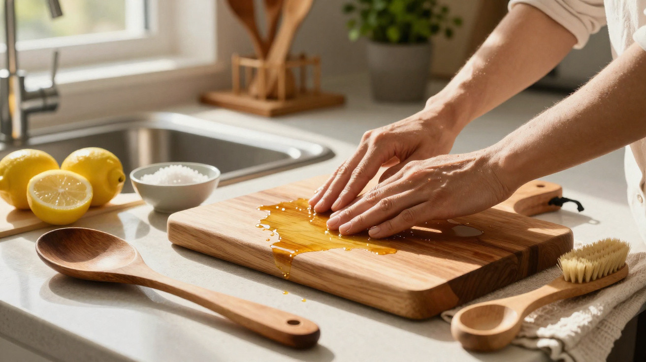 Mãos a espalhar óleo numa tábua de madeira numa cozinha com limões e utensílios de madeira ao lado.
