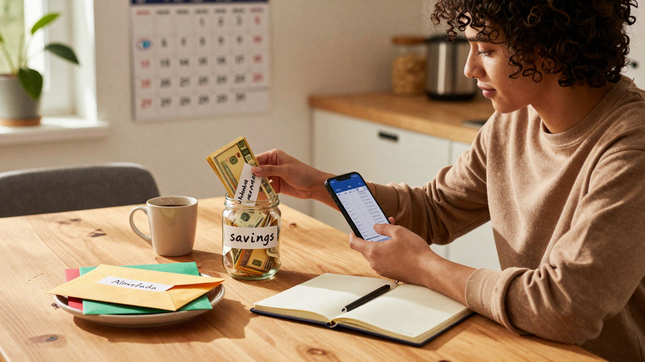 Pessoa a guardar dinheiro numa jarra etiquetada como "savings" enquanto consulta o telemóvel à mesa da cozinha.