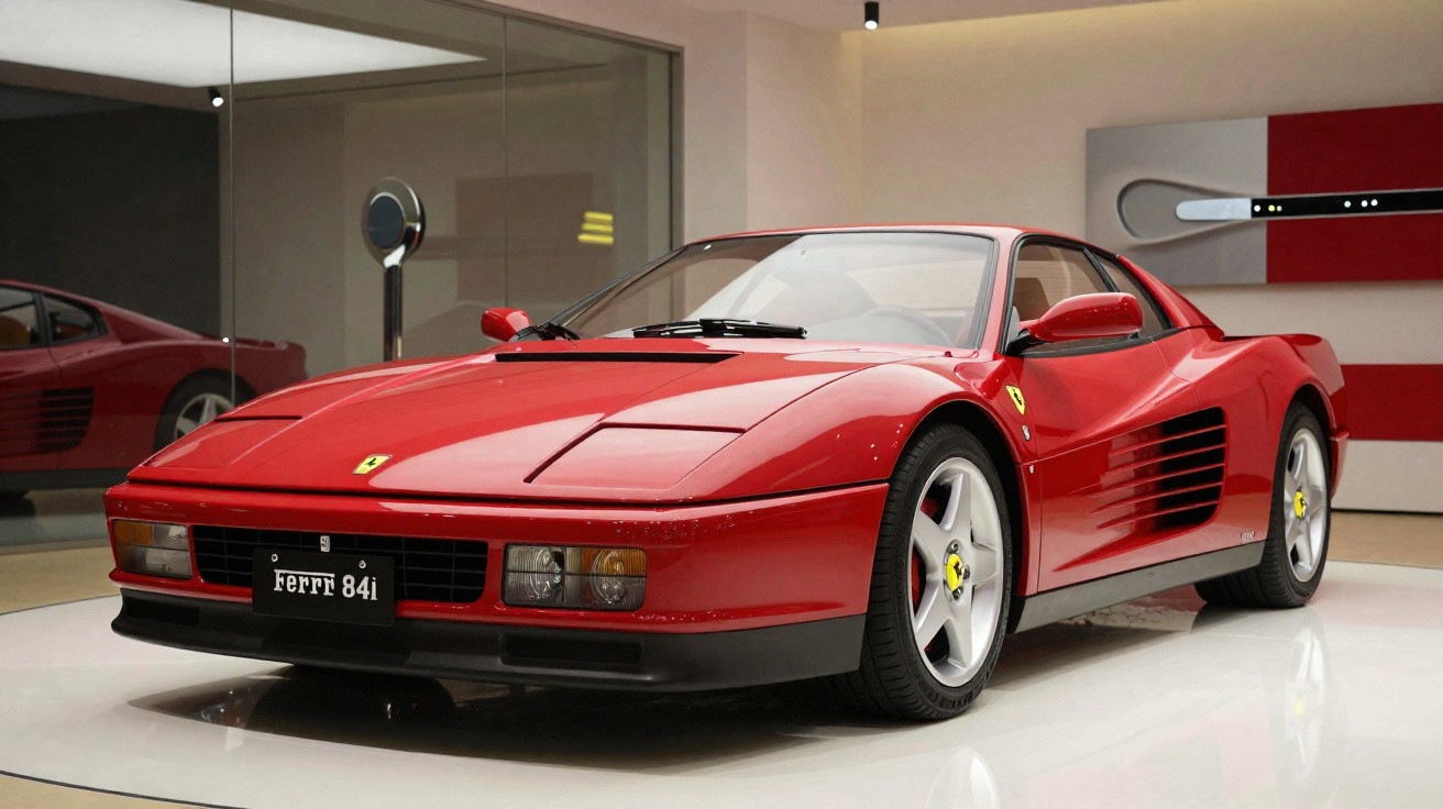 Automóvel desportivo Ferrari 84i vermelho em exposição num espaço moderno.