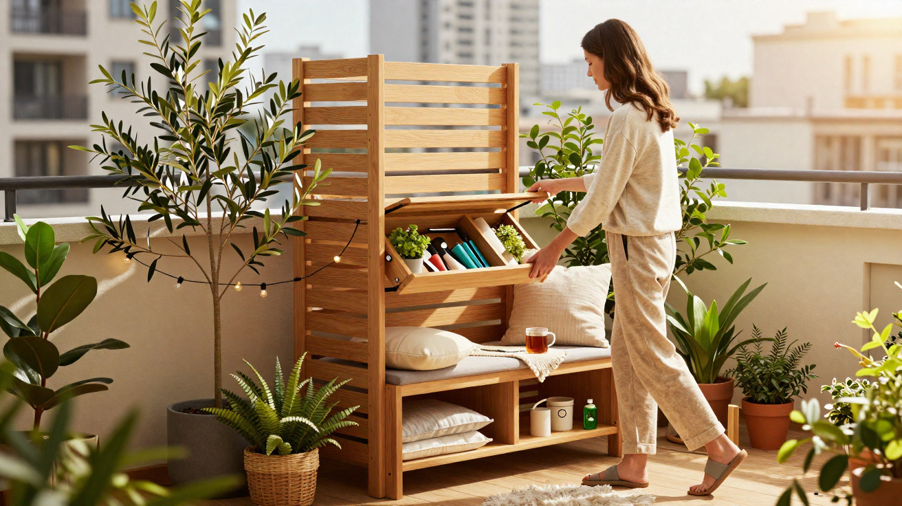 Mulher a organizar livros e plantas num móvel de madeira numa varanda com várias plantas e vistas urbanas.