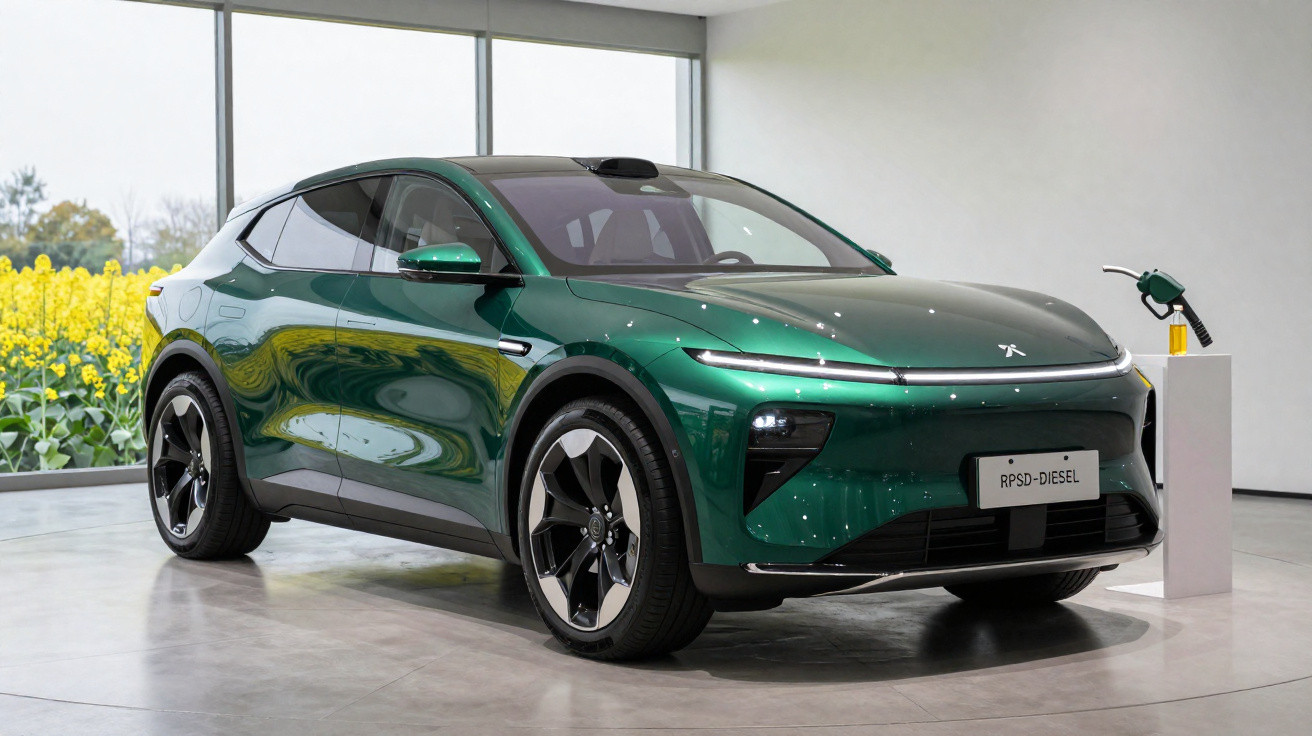 Automóvel elétrico verde metálico estacionado em espaço interior com amplo vidro e paisagem exterior de flores amarelas.