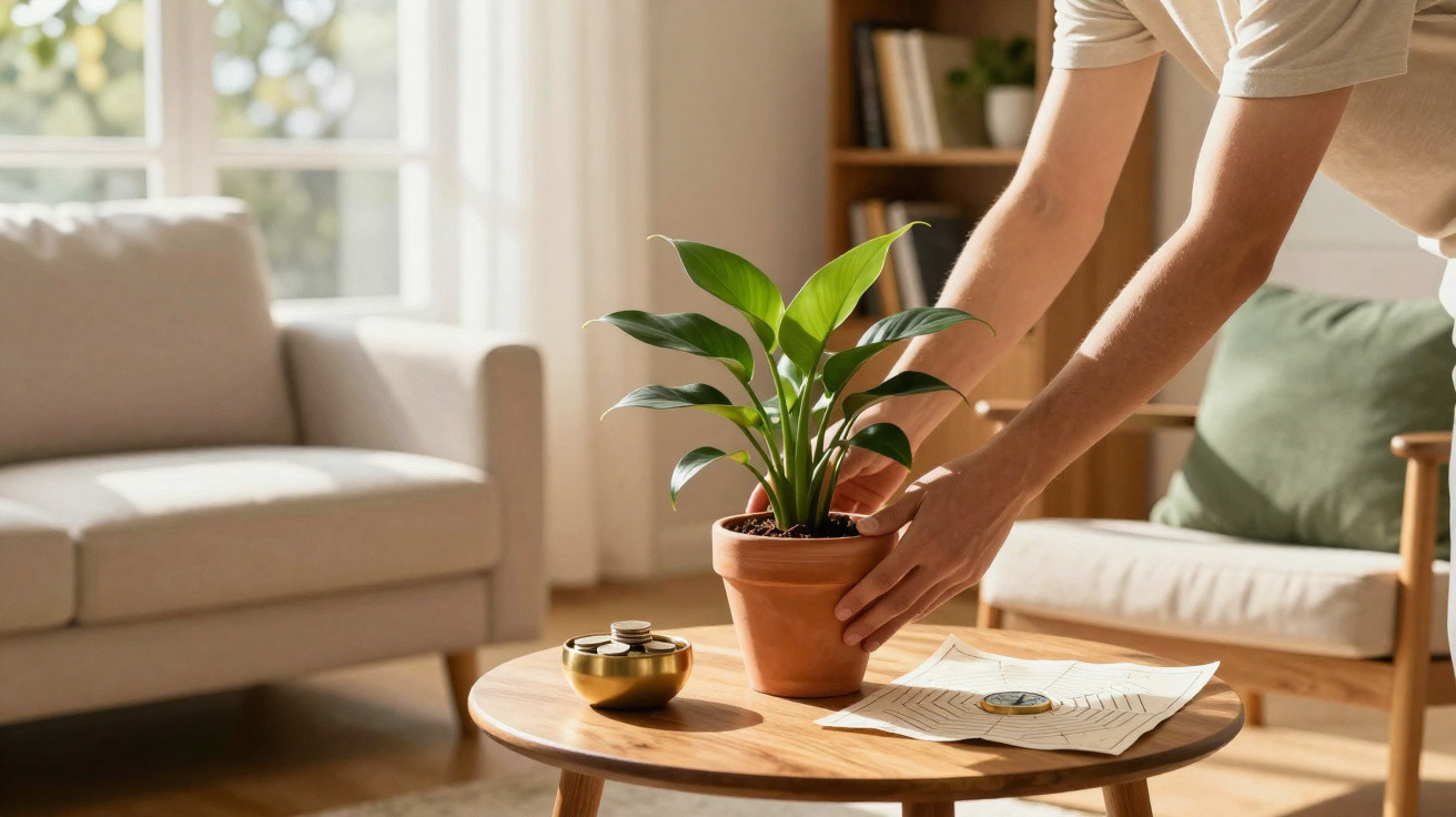 Pessoa a colocar planta em vaso sobre mesa de madeira numa sala iluminada e confortável.