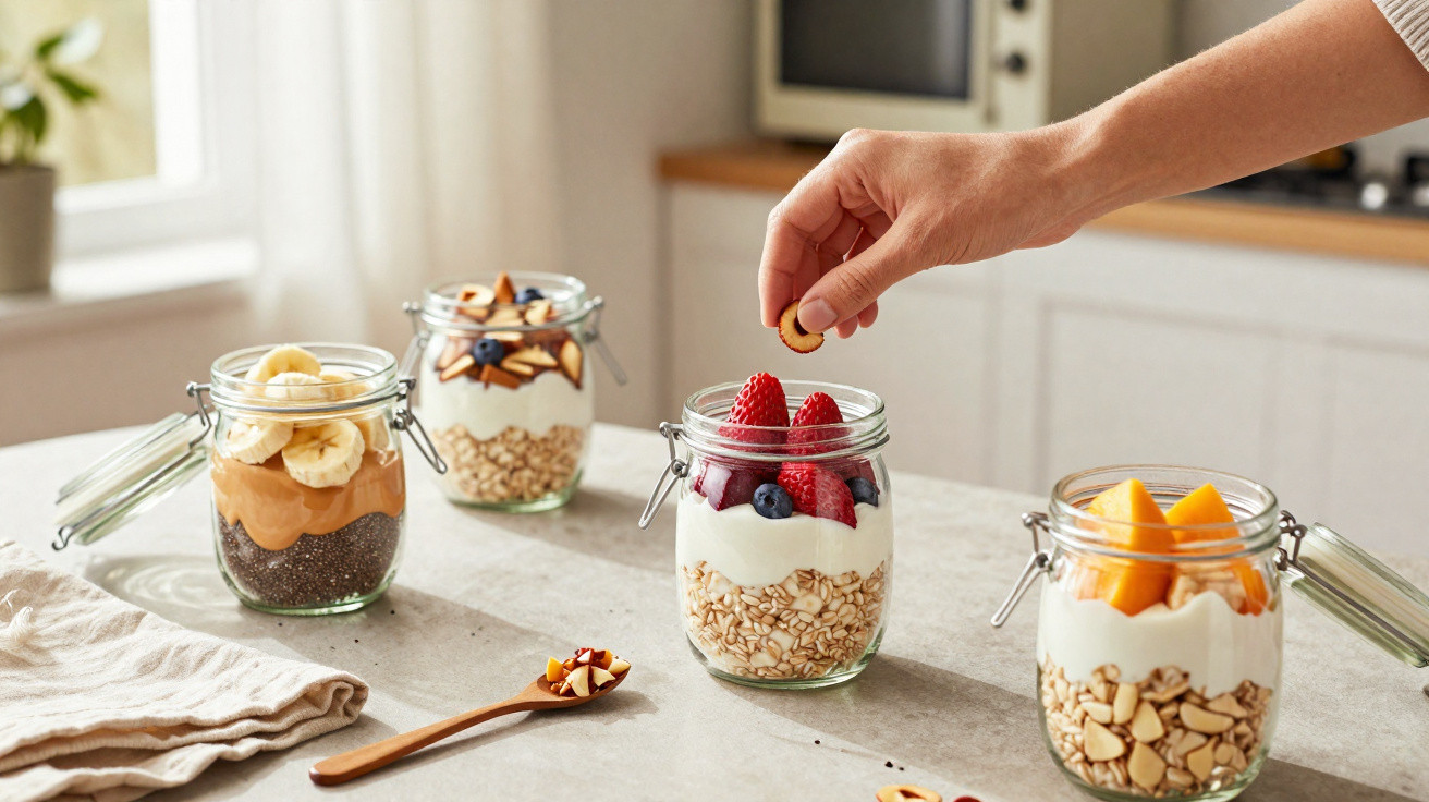 Três frascos com iogurte, aveia e frutas diversas, e uma mão a colocar frutos secos num deles.
