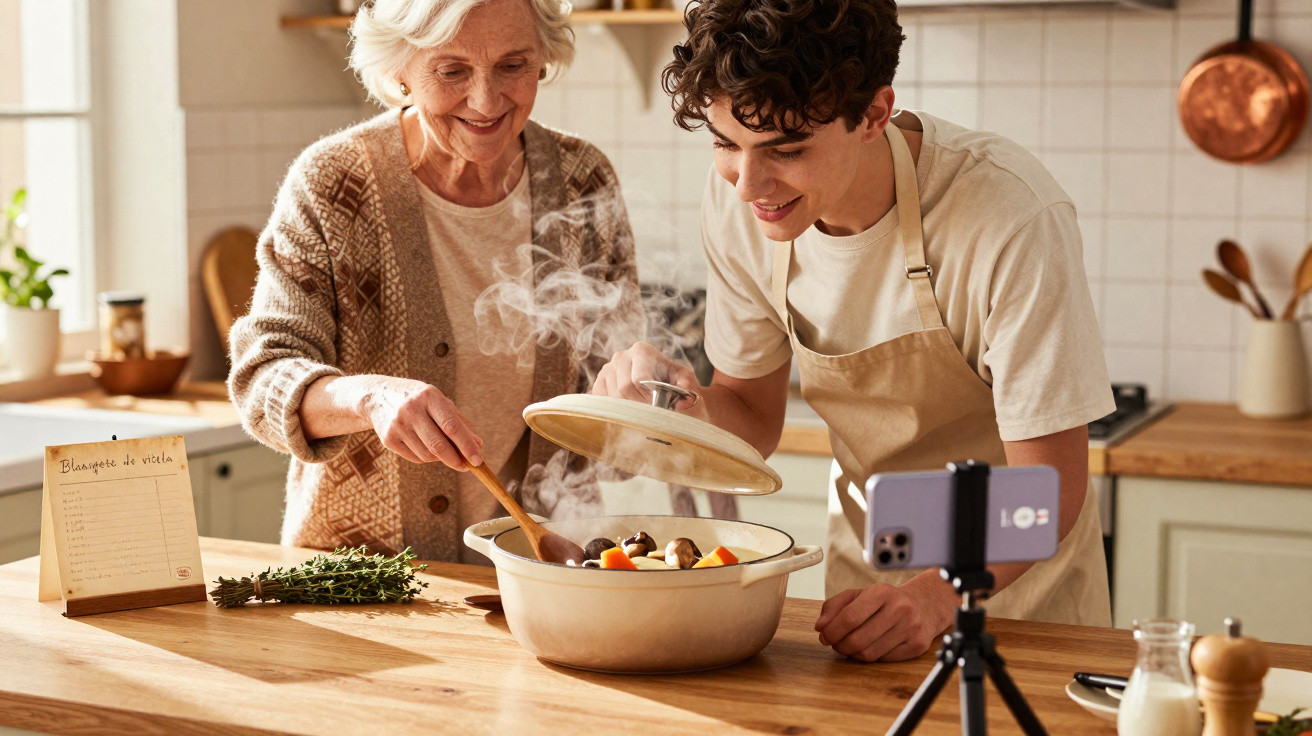 Idosa e jovem a cozinhar juntos numa cozinha luminosa enquanto gravam com um telemóvel.