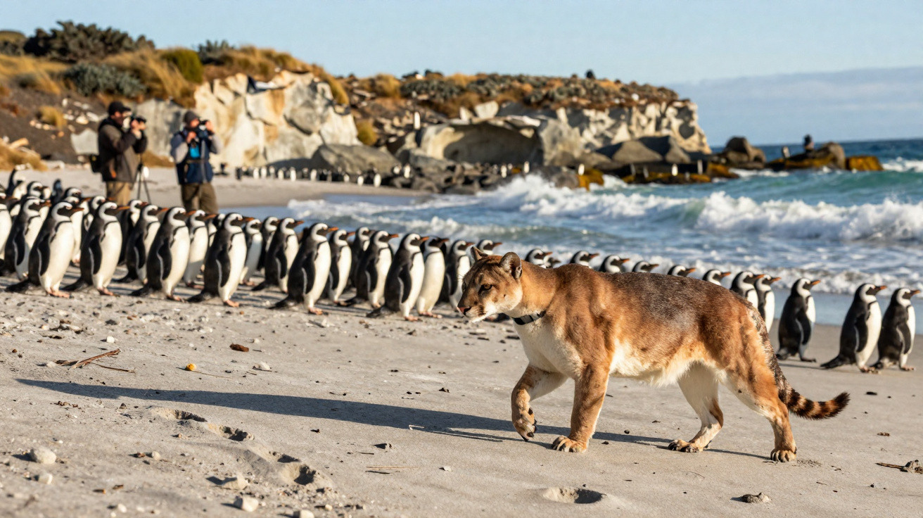 Puma a andar numa praia perto de uma colónia de pinguins, com pessoas a fotografar ao fundo.