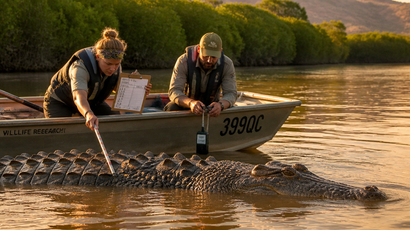 Dois investigadores em barco a medir e observar um crocodilo numa zona de água e vegetação.