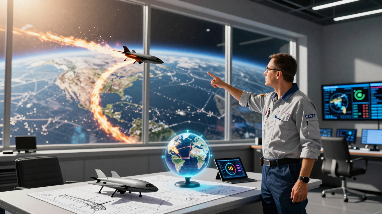 Homem em sala de controlo observa e aponta para drone espacial com seta de fogo a orbitar a Terra.