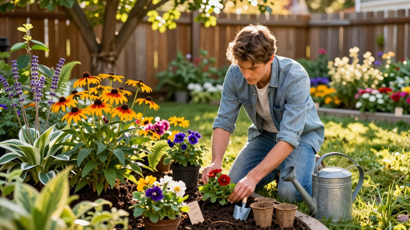 Jovem a cuidar de flores num jardim com regador e ferramentas de jardinagem ao lado.