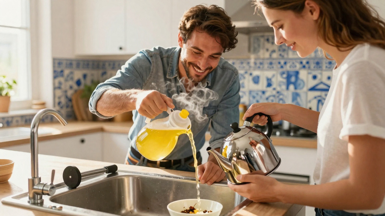 Casal feliz a preparar chá numa cozinha luminosa com azulejos tradicionais portugueses.