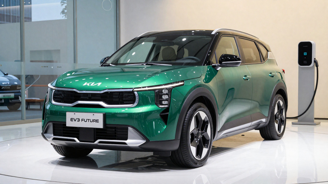 Carro elétrico verde Kia EV3 Future estacionado ao lado de posto de carregamento interno.