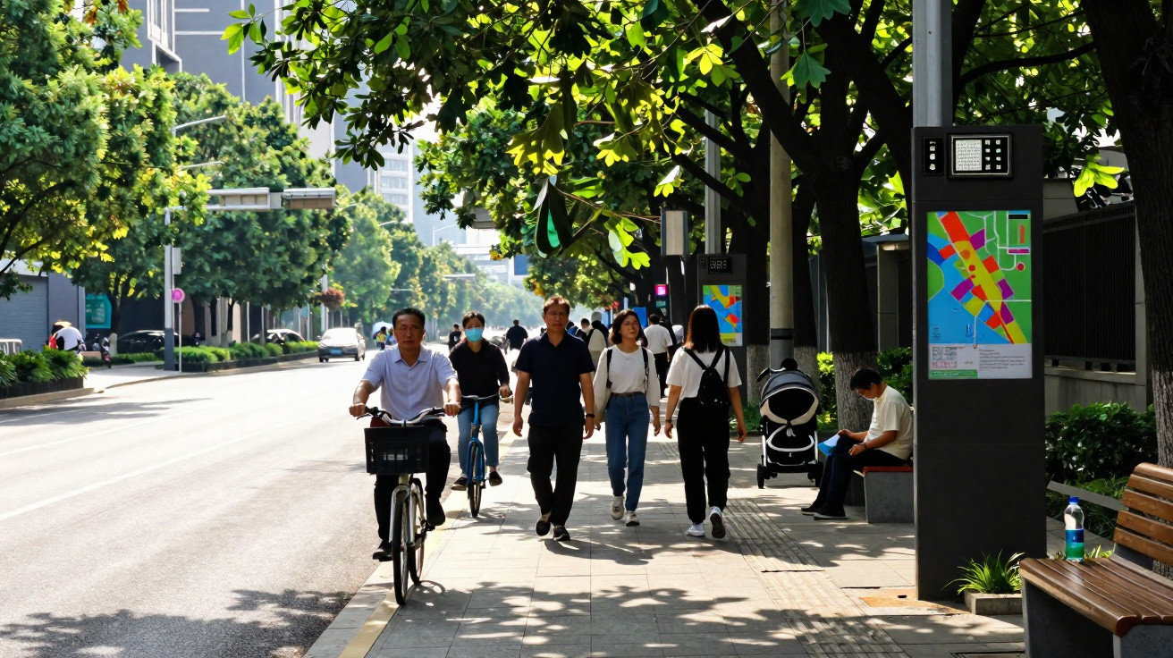Pessoas a caminhar e andar de bicicleta numa rua arborizada numa cidade num dia soalheiro.