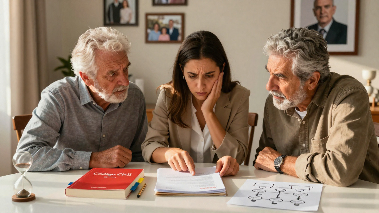 Três pessoas a discutir documentos legais numa mesa com Código Civil e gráfico familiar.
