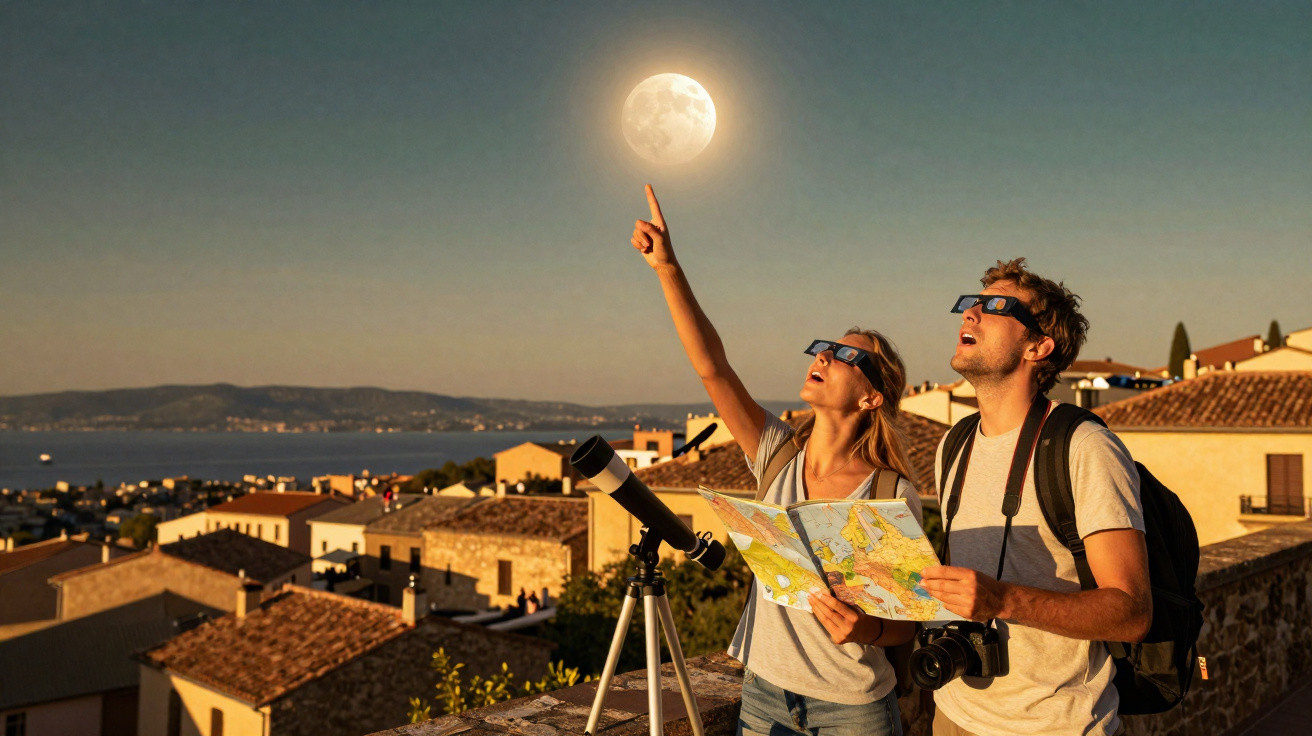 Casal observa a lua com óculos especiais e telescópio numa varanda com vista para a cidade ao entardecer.