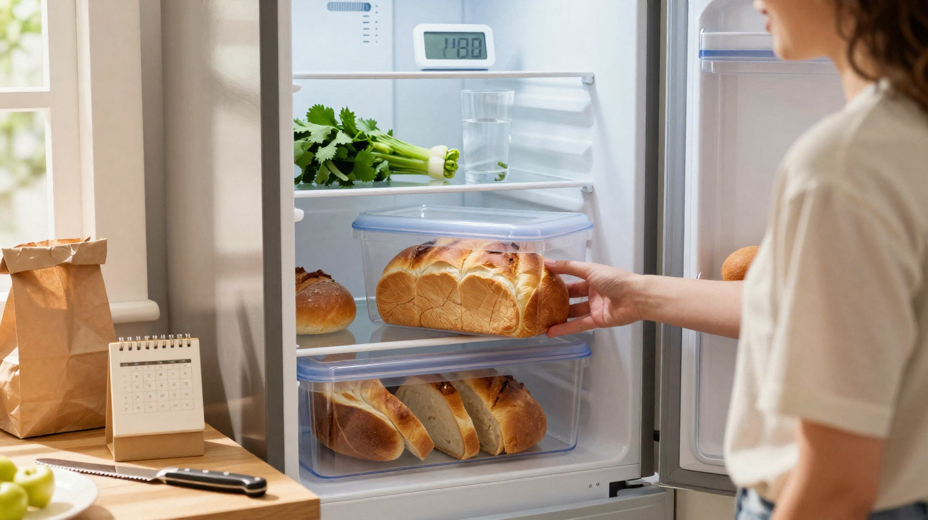 Pessoa a guardar pão dentro de uma caixa numa prateleira do frigorífico aberto na cozinha.