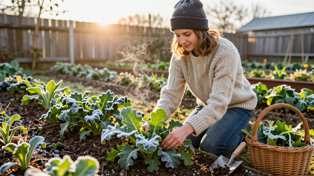 Mulher a cuidar de plantas com folhas cobertas de orvalho numa horta ao nascer do sol.