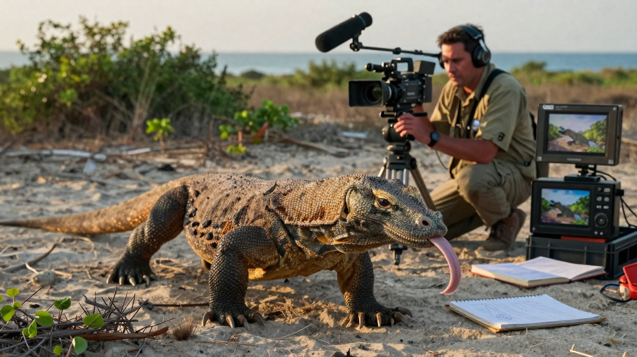 Dragão-de-comodo na areia com cinegrafista e equipamento de filmagem em segundo plano.