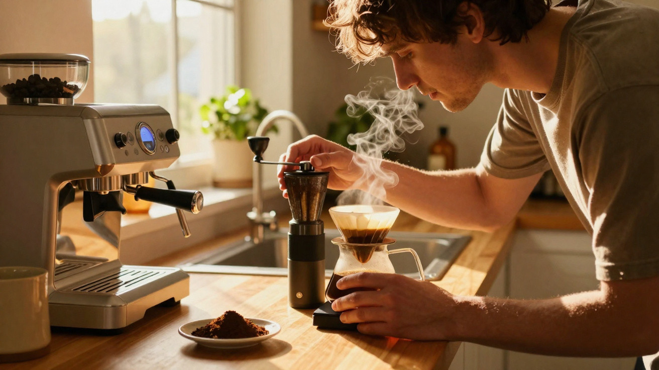 Homem prepara café fresco com moinho manual e cafeteira em ambiente de cozinha iluminada.