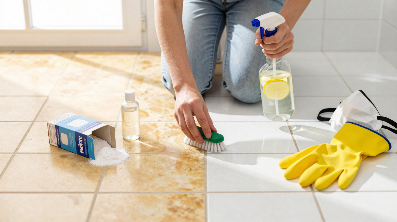 Pessoa a limpar chão com escova, spray de limpeza e máscara ao lado, metade do chão sujo e outra limpa.