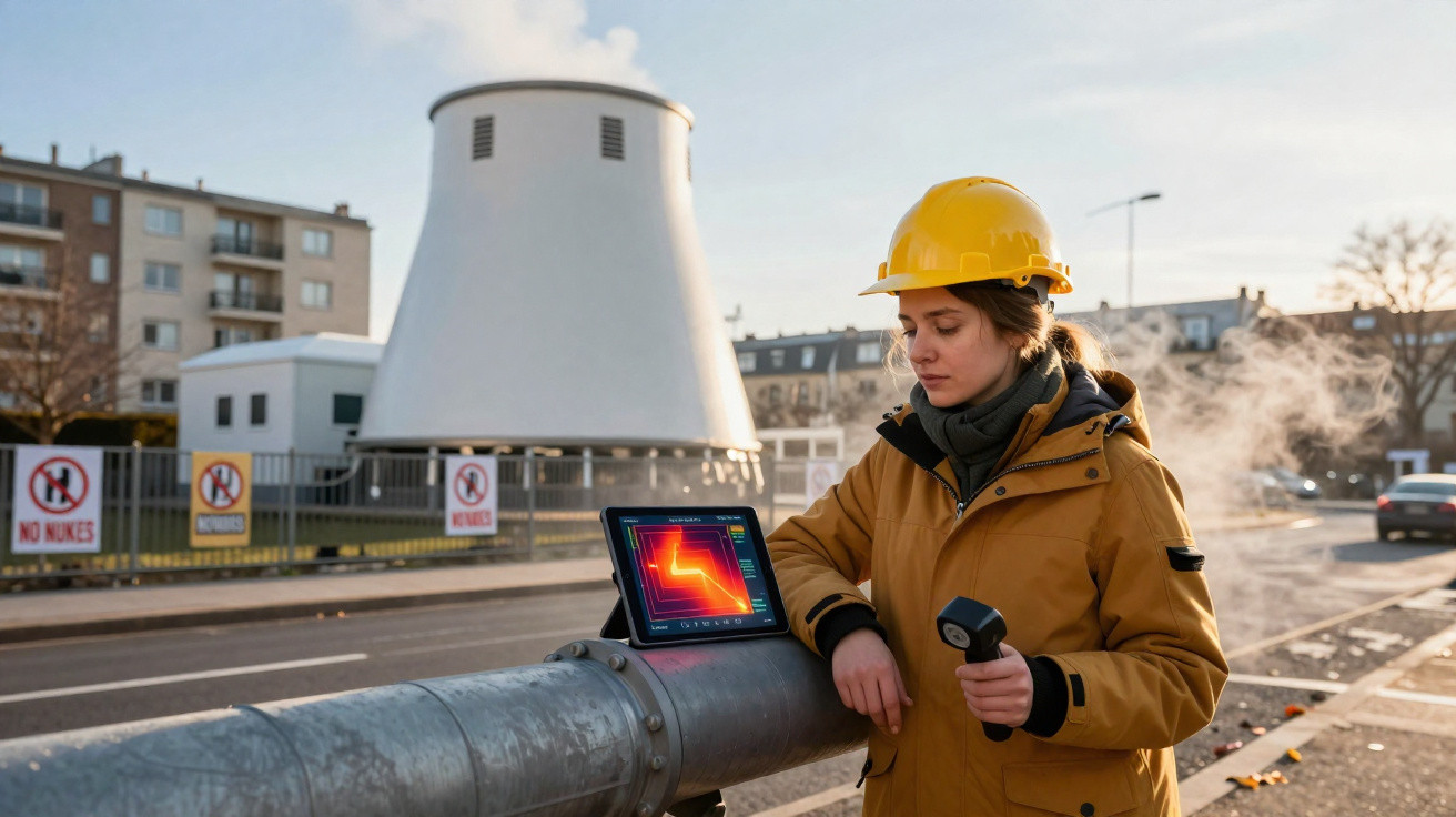 Mulher com capacete amarelo usa câmara térmica para inspecionar tubagem numa zona industrial ao ar livre.