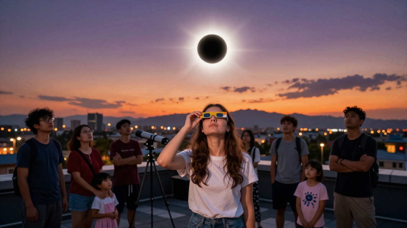 Grupo de pessoas a observar eclipse solar com óculos especiais no terraço ao pôr do sol.