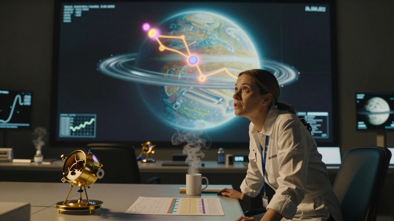 Mulher cientista em laboratório observa dados e imagem digital de planeta com anéis num grande ecrã atrás.