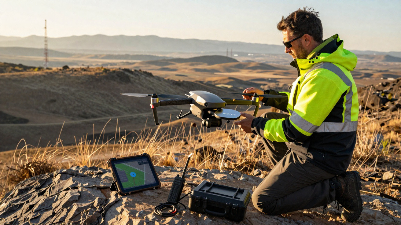 Homem com jaqueta fluorescente prepara drone numa paisagem montanhosa ao pôr do sol.