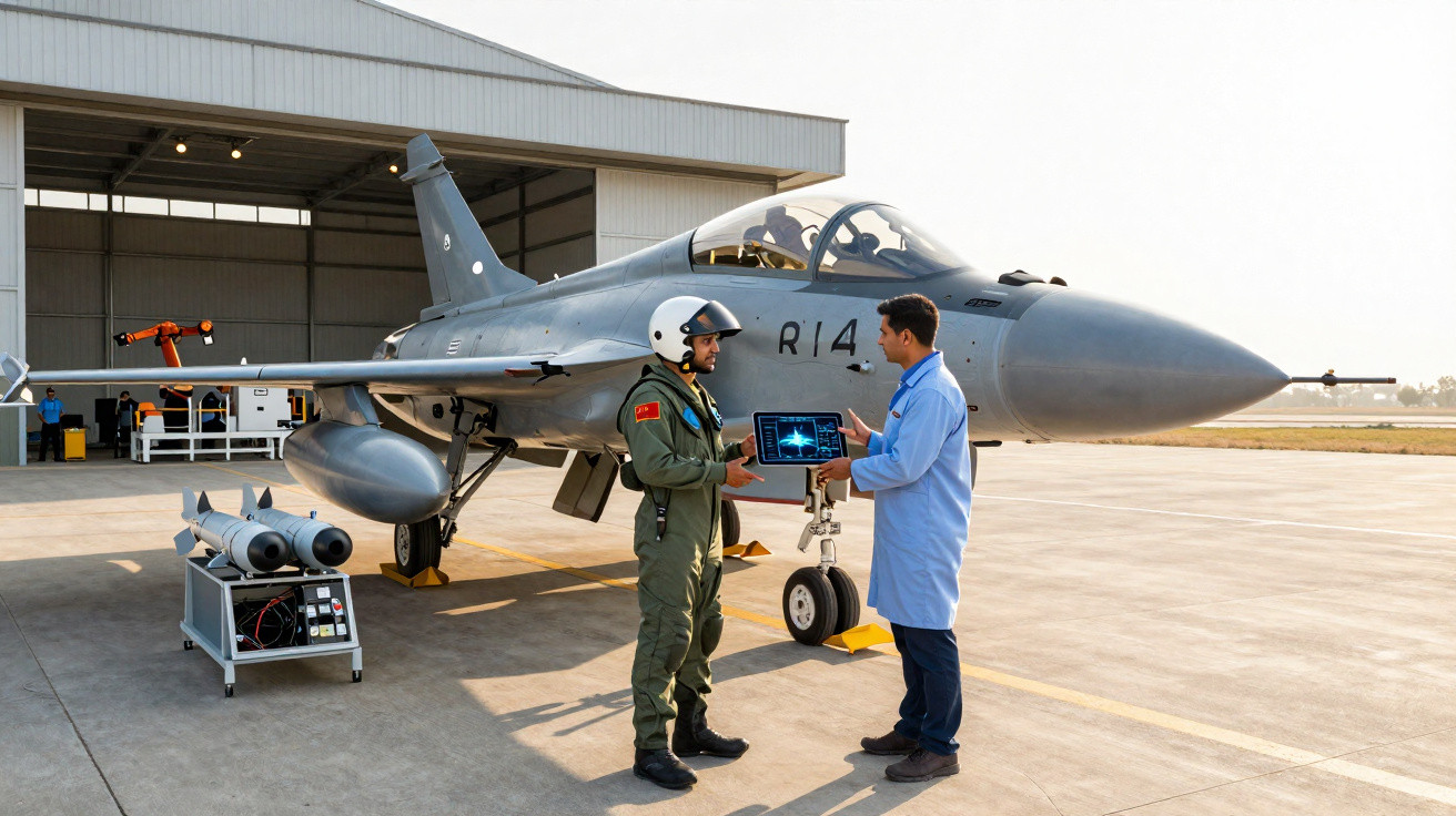 Piloto militar e técnico em laboratório junto a jato de combate estacionado em hangar ao ar livre.