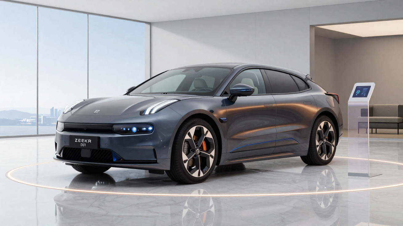 Carro elétrico cinzento ZEEKR 001 numa sala moderna com chão de mármore e grande janela panorâmica.