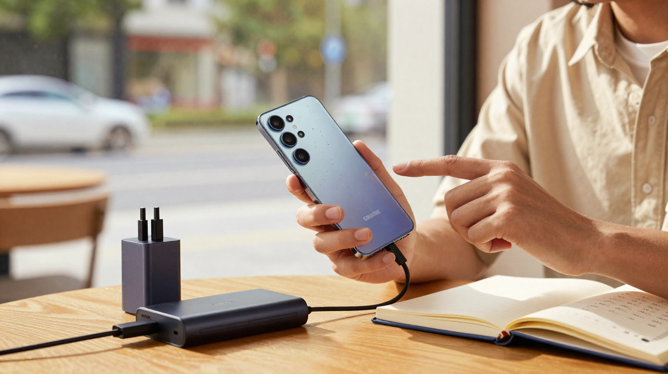 Pessoa a segurar e apontar para smartphone Samsung ligado a carregador portátil numa mesa com caderno aberto.