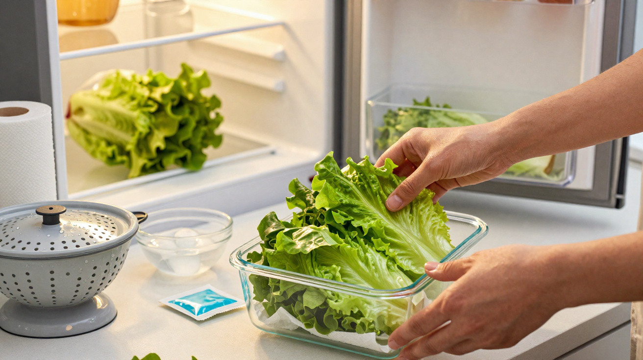 Pessoa a guardar alface fresca numa caixa de vidro na cozinha com vegetais na bancada.