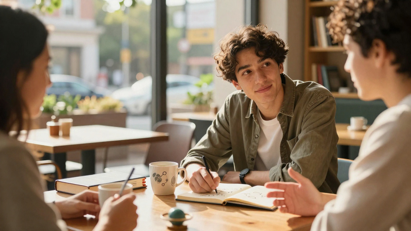 Três jovens sentados à mesa de um café, conversando e a estudar com cadernos e canecas.