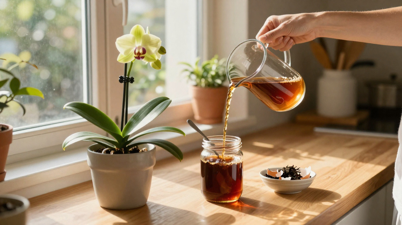 Mão a servir chá numa jarra de vidro para um frasco, com orquídea branca e janela ao fundo.
