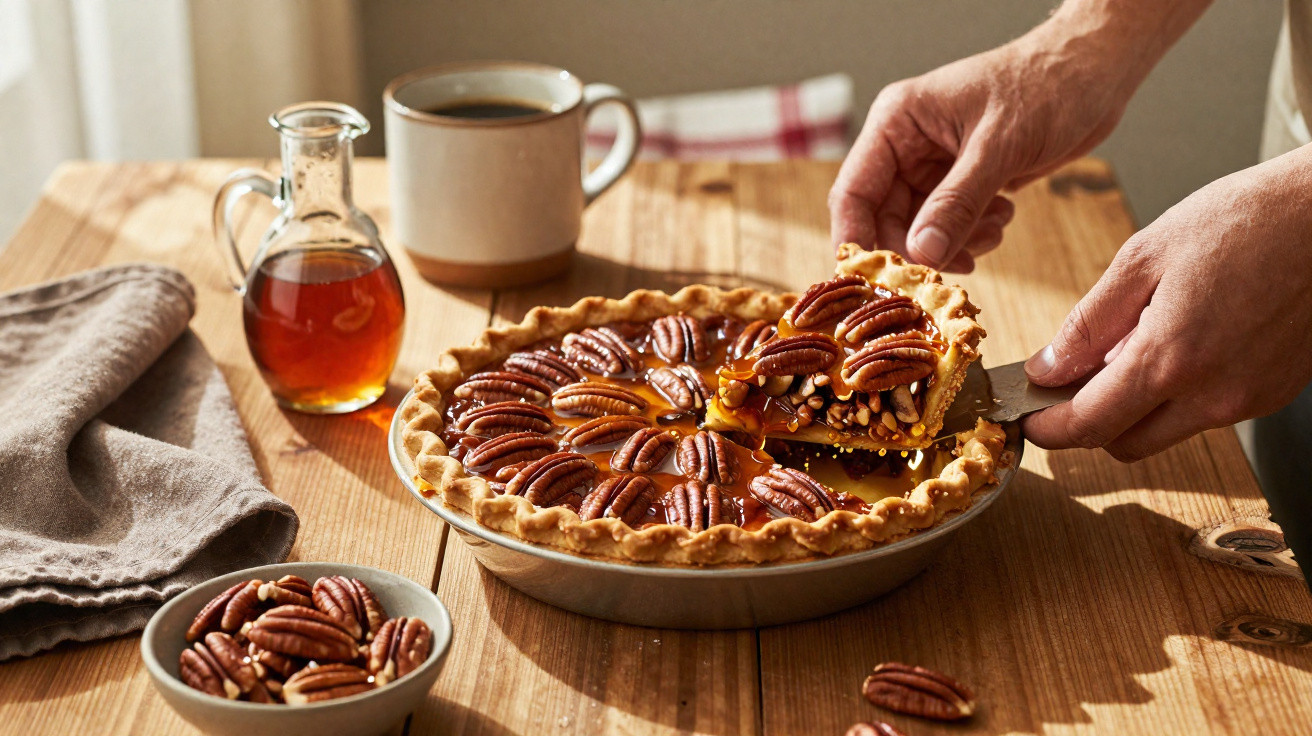 Pessoa a servir fatia de tarte de noz pecã numa mesa de madeira com xícara de café e jarra de xarope.