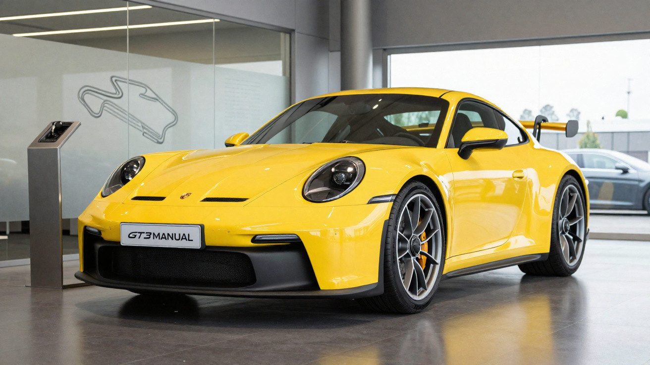 Carro desportivo amarelo Porsche GT3 Manual exposto num showroom moderno com chão cinza escuro.