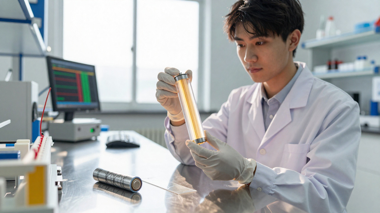 Cientista em laboratório a examinar uma célula ou tubo com líquido laranja, usando bata e luvas.