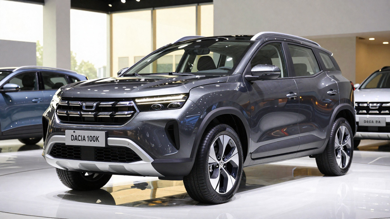 Carro Dacia 100K cinza exposto em salão automóvel moderno com iluminação interior.
